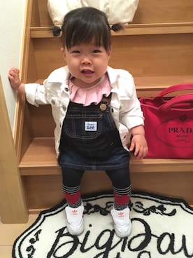 「アイテム（ジャンパースカート）」を使った、cocoさん（キッズ・70cm）の春コーディネート