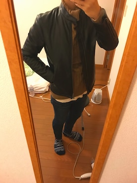 「UNIQLO（ユニクロ）のアイテム（ライダースジャケット、ブラック系）」を使った、shunさん（メンズ・164cm）の秋コーディネート