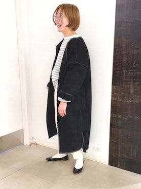 「ラフコーデ」｜「アイテム（ノーカラーコート）」を使った、kahoさん（レディース・154cm）の冬コーディネート