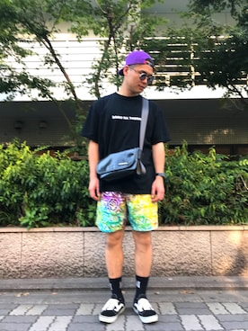 「NEONSIGN（ネオンサイン）のアイテム（帽子）」を使った、Hさん（メンズ・182cm）の夏コーディネート