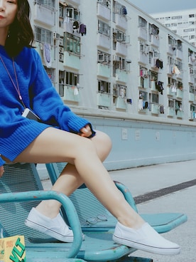 「VANS（バンズ）のアイテム（スリッポン、ホワイト系）」を使った、元气さん（レディース）の春コーディネート