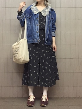「古着ワンピース」｜「アイテム（ジャケット/アウター）」を使った、piyonさん（レディース・157cm）の春コーディネート