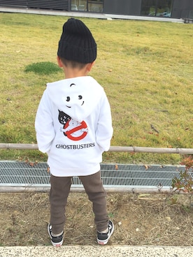 「にゃー（ニャー）のにゃーと NO GHOST 裏毛（スウェット）」を使った、TATAさん（キッズ・100cm）の秋コーディネート