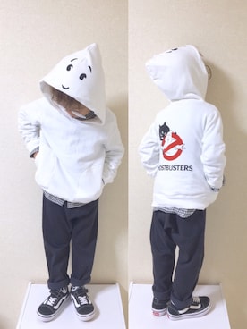 「にゃー（ニャー）のにゃーと NO GHOST 裏毛（スウェット）」を使った、TATAさん（キッズ・100cm）の秋コーディネート