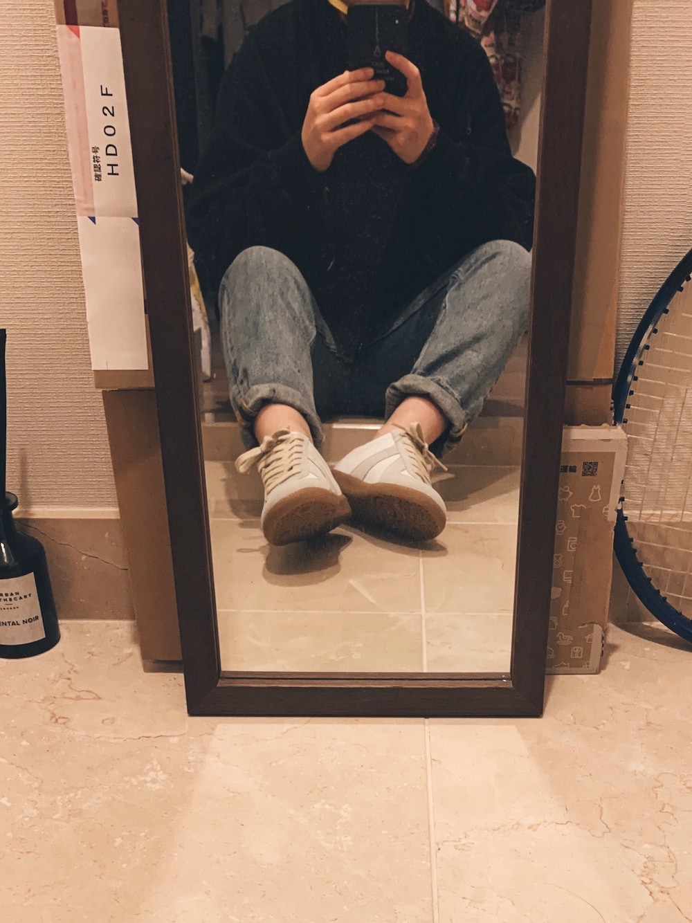 「ootd、おうちファッション、おうちスタイル、マルジェラ、今日のコーデ、Maison Margiela、margiela sneakers、MARGIELA」｜「Maison MargielaのMaison Margiela - Replica スニーカー - women - カーフレザー/ラムスキン/rubber - 38（スニーカー、ホワイト系）」を使った、Ceciさん（レディース・158cm）の春コーディネートの1枚目の写真