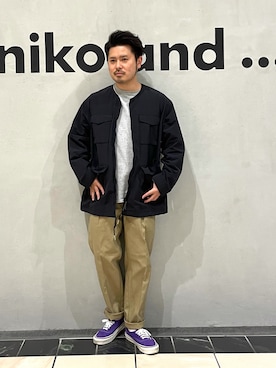 「niko and...（ニコアンド）のアイテム（ノーカラージャケット）」を使った、to-fuさん（メンズ・165cm）の春コーディネート