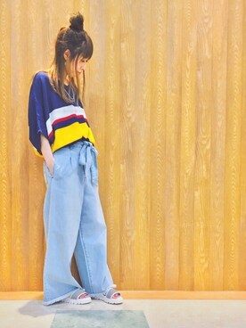「DRESKIP（ドレスキップ）の◆リボンベルト付きデニムワイドパンツ（デニムパンツ）」を使った、Maaakiさん（レディース・152cm）の夏コーディネート