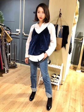 「アイテム（チューブトップ、ブルー系）」を使った、doraさん（レディース・163cm）の冬コーディネート