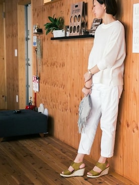 「menue（メヌエ）のゴムストラップ ウェッジサンダル（サンダル、グリーン系）」を使った、みさみささん（レディース・162cm）の春コーディネート