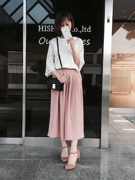 「menue（メヌエ）のゴールドライン アンクルストラップ オープントゥ ハイヒール サンダル（サンダル、ブラウン系）」を使った、みさみささん（レディース・162cm）の春コーディネート