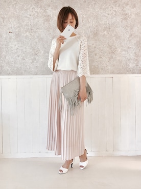 「menue（メヌエ）のゴールドライン アンクルストラップ オープントゥ ハイヒール サンダル（サンダル、ホワイト系）」を使った、みさみささん（レディース・162cm）の夏コーディネート