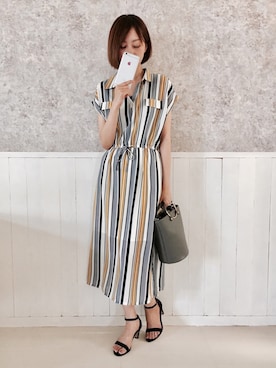 「menue（メヌエ）のアンクルストラップサンダル（サンダル、ブラック系）」を使った、みさみささん（レディース・162cm）の夏コーディネート