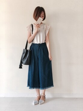 「menue（メヌエ）のポインテッドトゥ セパレート パンプス（パンプス、シルバー系）」を使った、みさみささん（レディース・162cm）の夏コーディネート