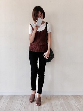 「menue（メヌエ）のオープントゥ チャンキーヒール ハイヒール ミュール（サンダル、イエロー系）」を使った、みさみささん（レディース・162cm）の夏コーディネート