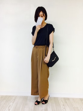 「menue（メヌエ）のエナメル ハイヒール ミュール サンダル（サンダル、ブラック系）」を使った、みさみささん（レディース・162cm）の夏コーディネート