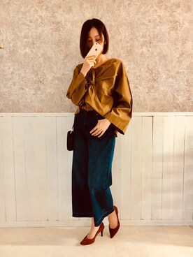 「menue（メヌエ）のイイ女ポインテッドパンプス 7cmヒール（パンプス、ブラウン系）」を使った、みさみささん（レディース・162cm）の秋コーディネート