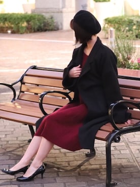 「ワインレッド」｜「アイテム（その他アウター）」を使った、かおりさん（レディース・160cm）の冬コーディネート