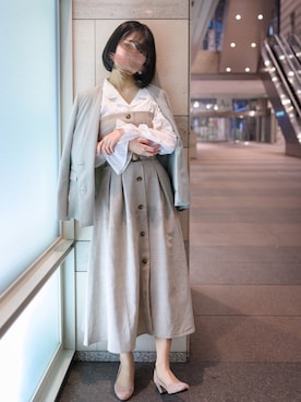 「チェックワンピース」｜「アイテム（ノーカラージャケット）」を使った、かおりさん（レディース・159cm）の春コーディネート