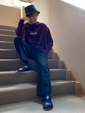 「Needles（ニードルス）のアイテム（パンツ、ブラック系）」を使った、拓也さん（メンズ・180cm）の秋コーディネート