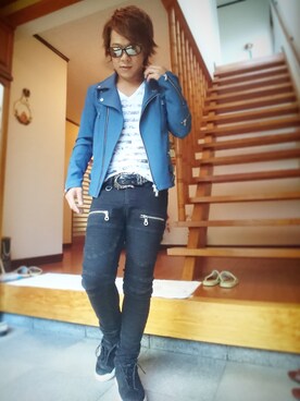 「ブルー×ブラック」｜「アイテム（ライダースジャケット）」を使った、masashiさん（メンズ・157cm）の秋コーディネート