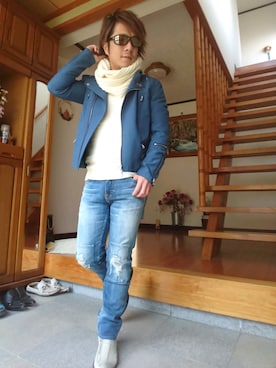 「ケーブルニット」｜「アイテム（ライダースジャケット）」を使った、masashiさん（メンズ・157cm）の冬コーディネート