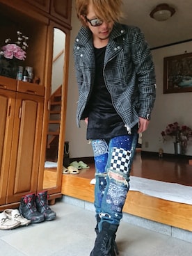 「グレンチェック」｜「アイテム（ライダースジャケット）」を使った、masashiさん（メンズ・157cm）の冬コーディネート