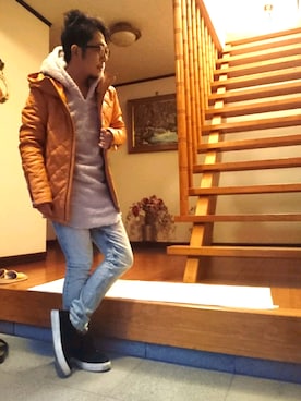 「NO ID.（ノーアイディ）のアイテム（ダウンジャケット/コート）」を使った、masashiさん（メンズ・157cm）の秋コーディネート