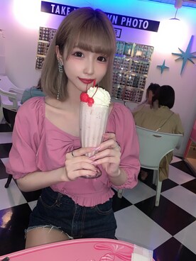 「MIIA（ミーア）のマリアージュブラウス（シャツ/ブラウス、ピンク系）」を使った、🎀にゃあ🎀さん（レディース・156cm）の夏コーディネート