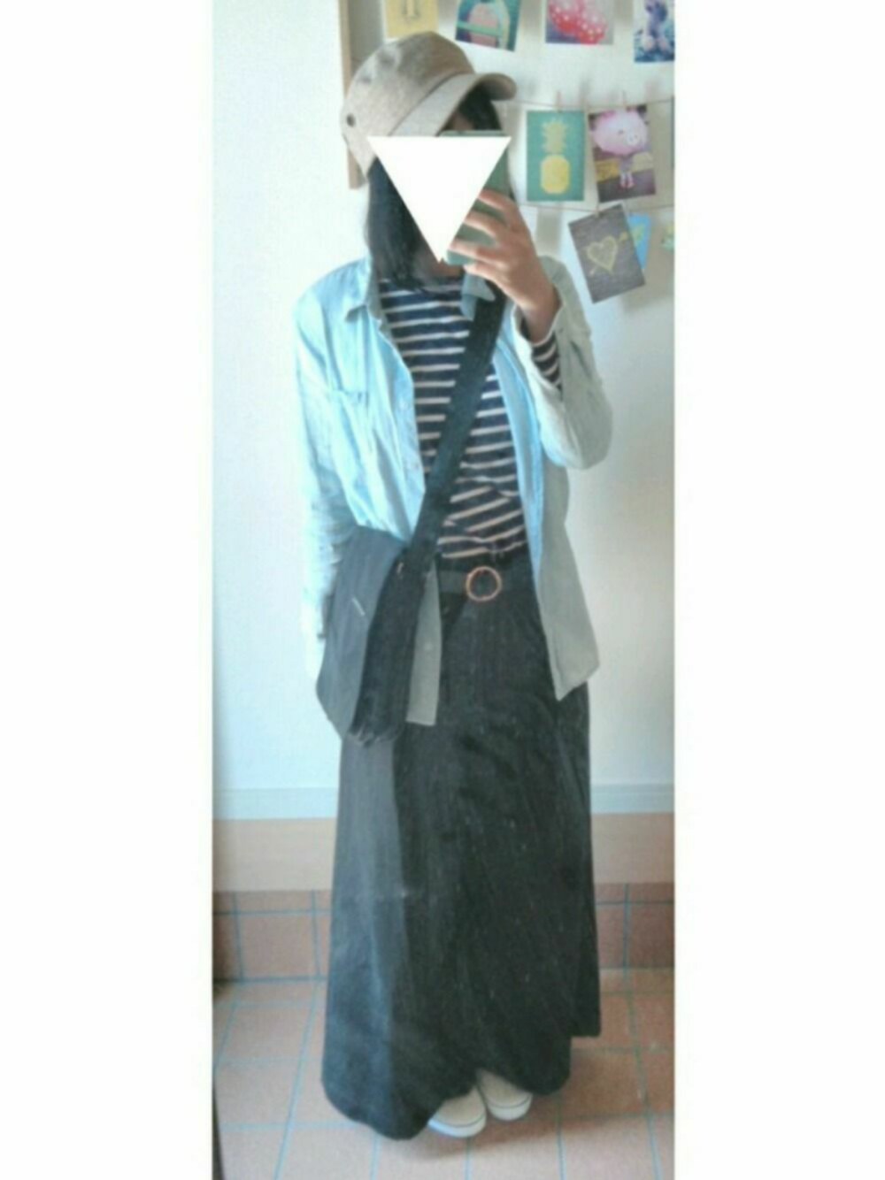 「シンプル、デニムシャツ、黒、ボーダー、春」｜「ARROWのアイテム（トップス、ブルー系）」を使った、★★ryo★★さん（レディース・162cm）の春コーディネートの1枚目の写真