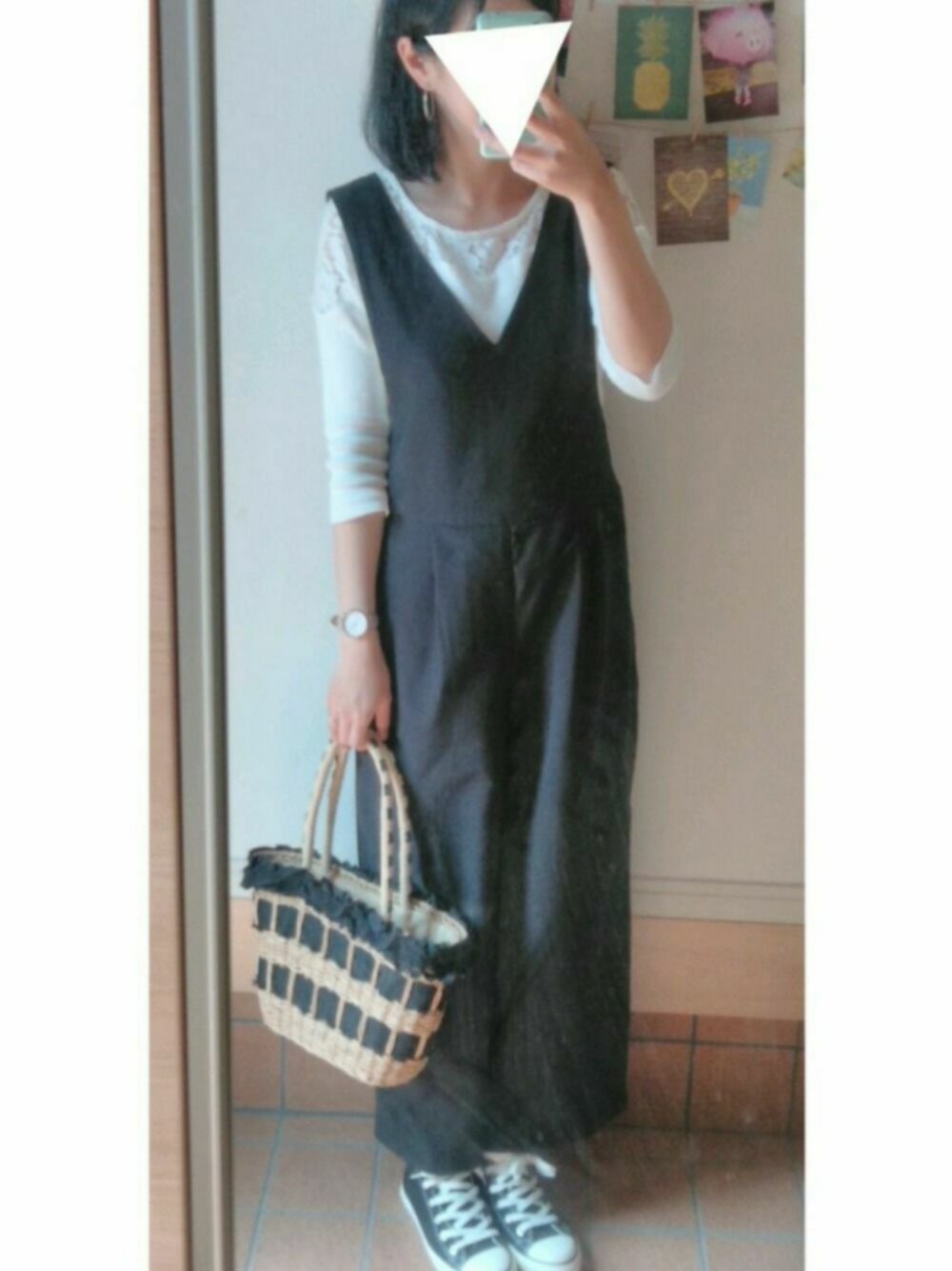 「シンプル、サロペット、レース、かごバッグ、春夏コーデ、シンプルコーデ」｜「CECIL McBEEのレース付ボーダーニット（ニット/セーター、ホワイト系）」を使った、★★ryo★★さん（レディース・162cm）の春コーディネートの1枚目の写真