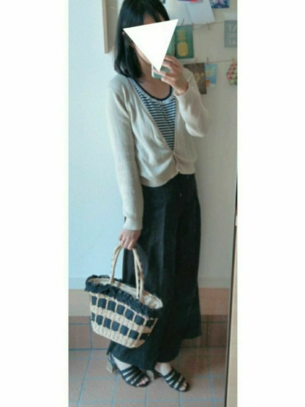 「カーディガン、かごバッグ、サンダル、ボーダー、カジュアル」｜「JOURNAL STANDARD relumeのアイテム（パンツ、ブラック系）」を使った、★★ryo★★さん（レディース・162cm）の春コーディネートの1枚目の写真