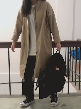 「MEIER.Q（マイヤーキュー）のアイテム（トレンチコート）」を使った、tommy  Chiangさん（レディース・168cm）の冬コーディネート