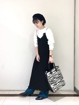 「プリーツ」｜「アイテム（ハンチング/ベレー帽）」を使った、miyaさん（レディース・155cm）の秋コーディネート