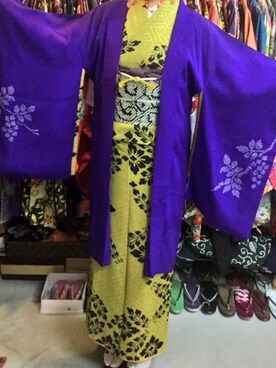 「アイテム（着物、イエロー系）」を使った、azusaさん（レディース・158cm）の冬コーディネート