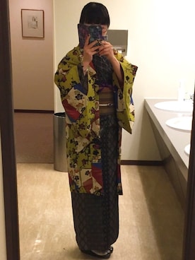 「アイテム（着物、イエロー系）」を使った、azusaさん（レディース・158cm）の冬コーディネート