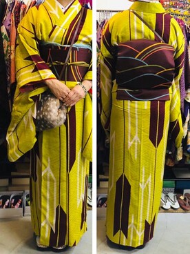 「アイテム（着物、イエロー系）」を使った、azusaさん（レディース・158cm）の秋コーディネート