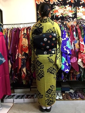 「アイテム（着物、イエロー系）」を使った、azusaさん（レディース・158cm）の冬コーディネート