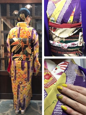 「アイテム（着物、イエロー系）」を使った、azusaさん（レディース・158cm）の冬コーディネート