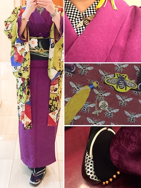 「アイテム（着物、イエロー系）」を使った、azusaさん（レディース・158cm）の冬コーディネート