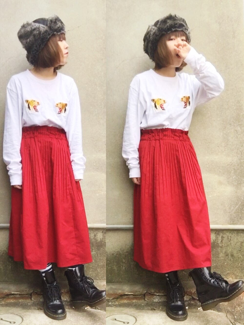 「ゆるコーデ、ファー小物、フライトキャップ、ロンT、赤スカート、プリーツスカート、タックイン、メンズライク、ドクターマーチン、Dr.Martens」｜「cepoのペーパーバックプリーツスカート（スカート、レッド系）」を使った、おおのさん（レディース・149cm）の冬コーディネートの1枚目の写真