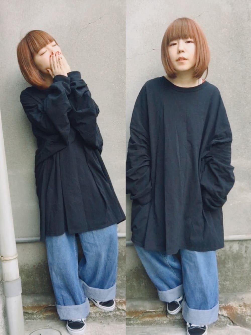 「デニム、シンプル、ゆるコーデ、オーバーサイズ、スピンズ、ボブ、レトロガール、プチプラ、チビーズ✳︎、古着」｜「SPINNSのアイテム（Tシャツ/カットソー、ブラック系）」を使った、おおのさん（レディース・149cm）の春コーディネートの1枚目の写真