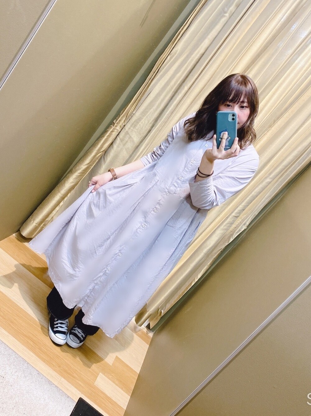 「大人カジュアル、シンプル、デニム、ぽっちゃり、ぽっちゃりコーデ、ぽっちゃり女子、ぽっちゃり系女子、春コーデ、いいね返し」｜「Green　Parksのワイドデニムパンツ＊★（デニムパンツ、ブルー系）」を使った、あおい🐷さん（レディース・157cm）の冬コーディネートの1枚目の写真