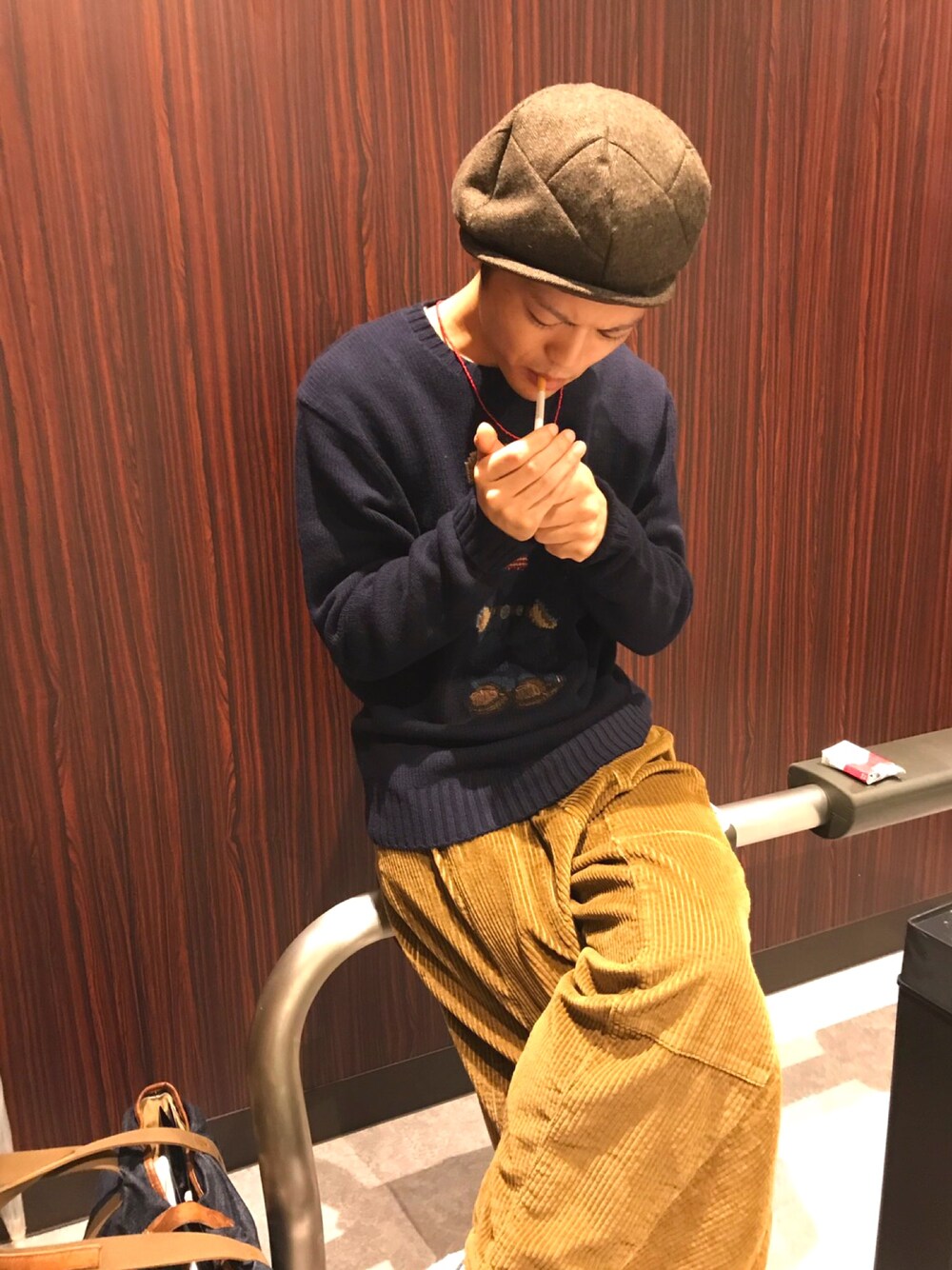 「レトロ、アメカジ、ラルフローレン、ポロベアー、セーター、コンバース、ニードルス、ワイドパンツ、ラブアンドピース2017、キャスケット」｜「graceのアイテム（キャスケット、ベージュ系）」を使った、ボーイさん（メンズ・174cm）の秋コーディネートの1枚目の写真