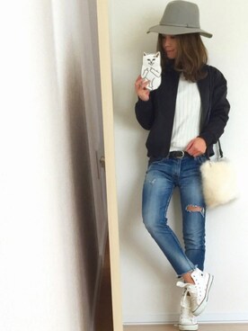 「Ungrid（アングリッド）のフレイドヘムストスリ（デニムパンツ）」を使った、さやさん（レディース・158cm）の冬コーディネート