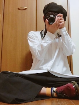 「袴パンツ」｜「アイテム（ハンチング/ベレー帽）」を使った、168さん（メンズ・165cm）の秋コーディネート
