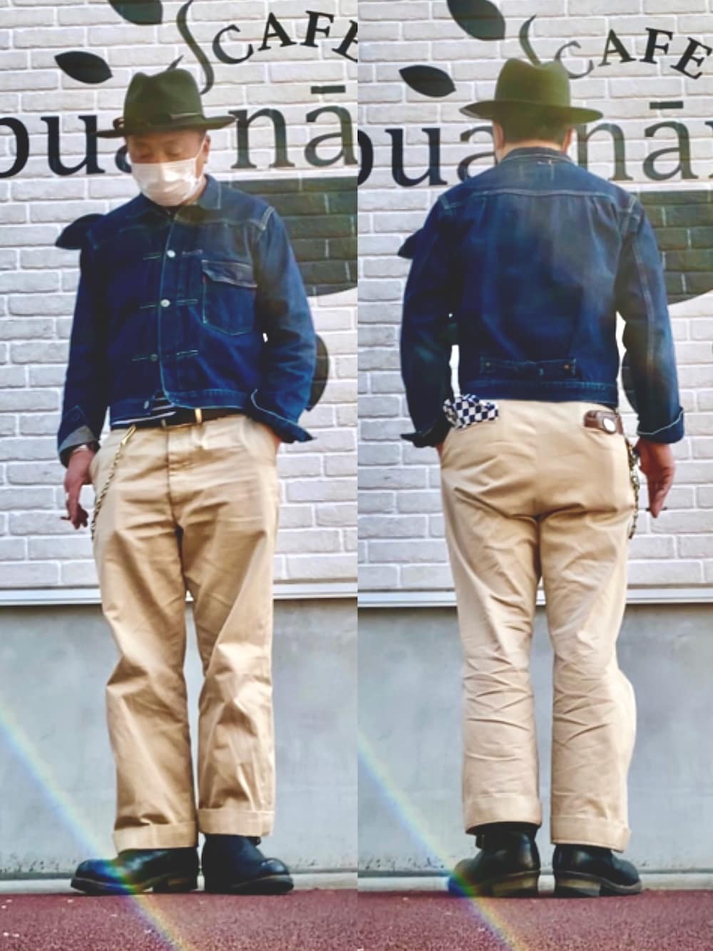 ブルー系のデニムジャケット、ベージュ系のチノパンツ、ブラック系のブーツを着用したメンズの冬コーディネートの1枚目の写真