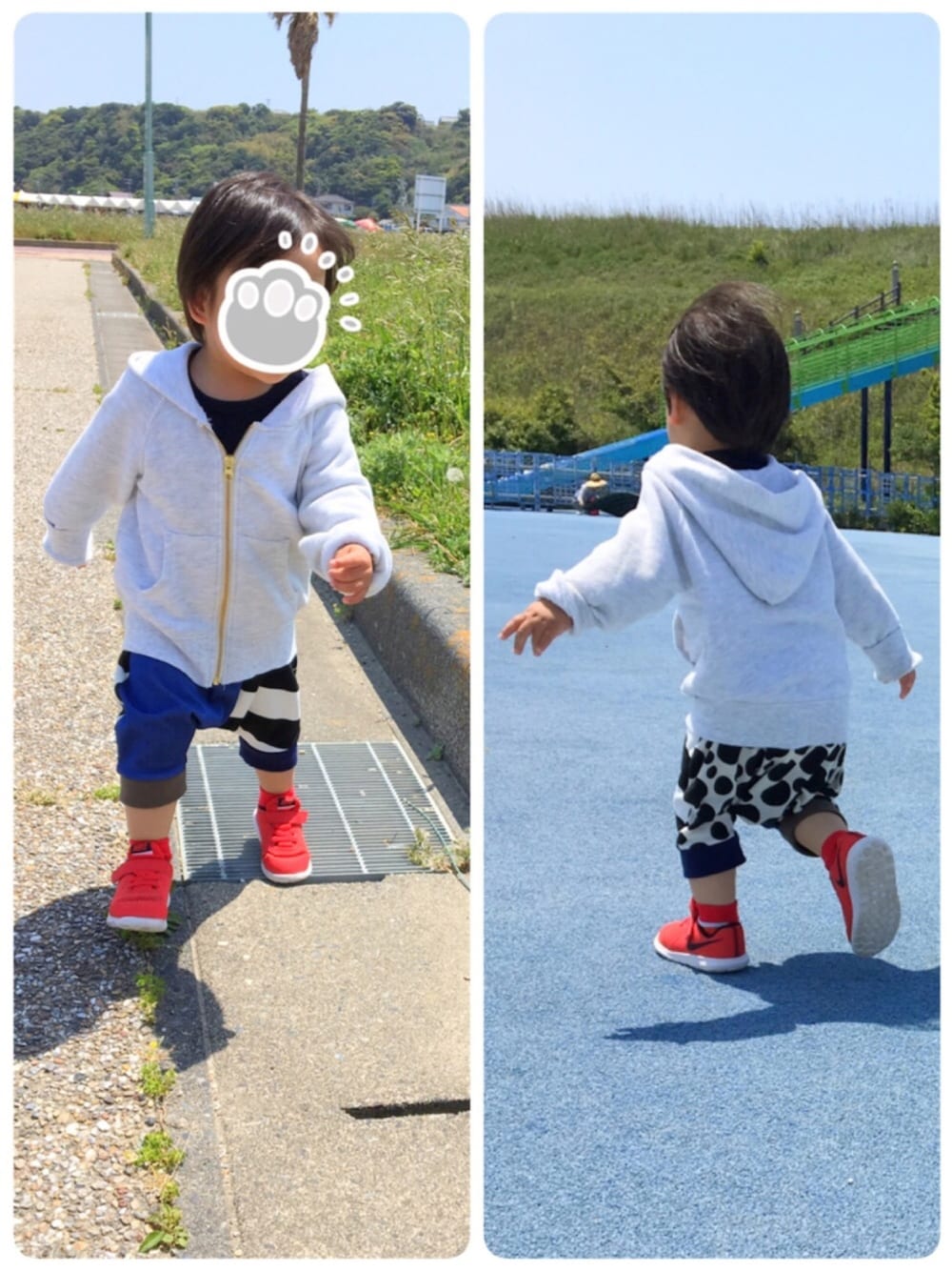 その他のその他パンツ、レッド系のスニーカー、ホワイト系のパーカーを着用したキッズの春コーディネートの1枚目の写真