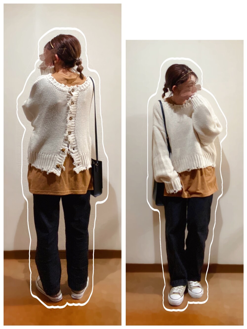 ホワイト系のニット/セーター、ブラウン系のトップス、ブラック系のデニムパンツを着用したレディースの冬コーディネートの1枚目の写真