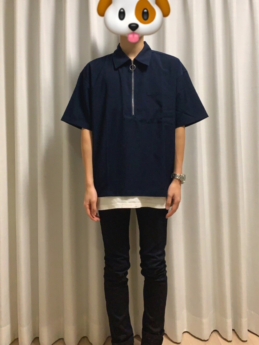 「夏 コーデ、いいね、save、フォローお願いします🤑、オーバーサイズ、ラフ」｜「ABAHOUSE GRAYの【展開店舗限定】TRストレッチハーフジップシャツ（シャツ/ブラウス、ブルー系）」を使った、くたんさん（メンズ・165cm）の春コーディネートの1枚目の写真