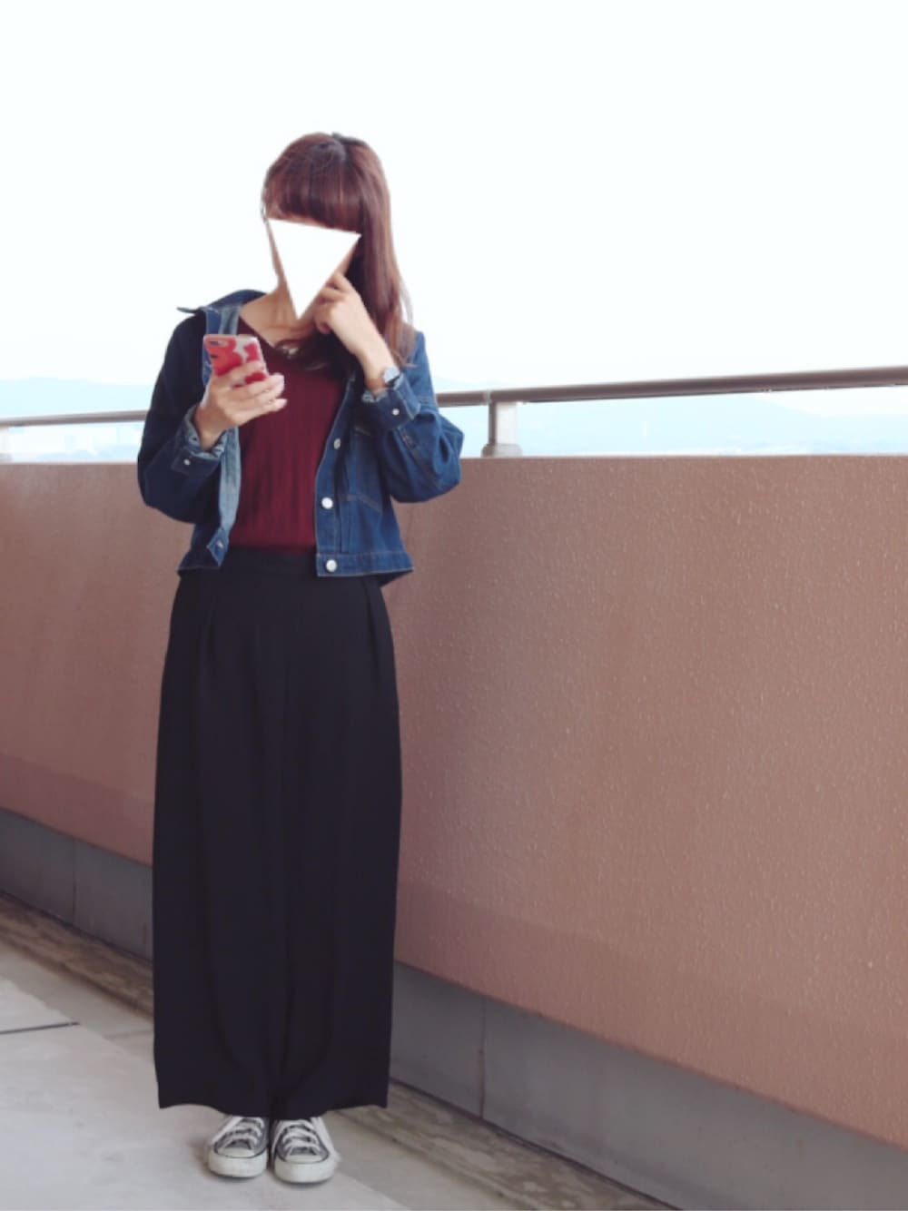「UR20th_UR、シンプル、ボルドー、オトナカジュアル、ラクチンコーデ、秋、秋服、ワイドパンツ、ママコーデ、秋のコーデ」｜「GUのアイテム（ニット/セーター、レッド系）」を使った、3ik1tyyyさん（レディース・163cm）の秋コーディネートの1枚目の写真